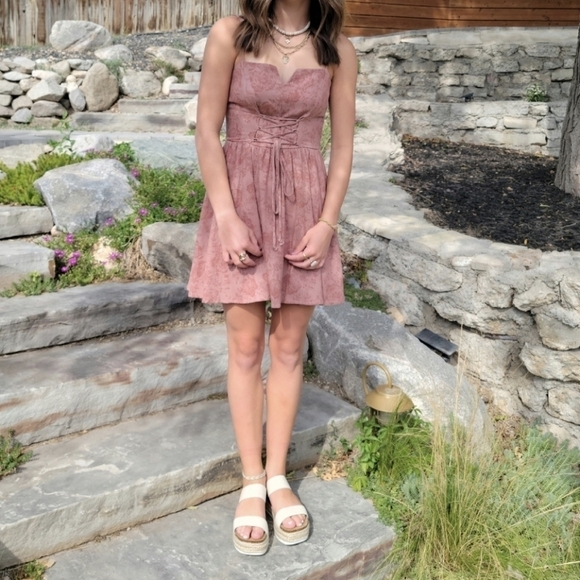 Altar'd State Jacquard Rose Print Corset Tie Mini Dress Mauve - Picture 3 of 11